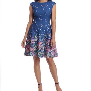 London Times Navy Blue Floral Midi Dress